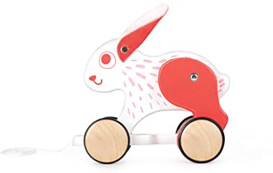 Hape: Pull Along - Bunny - White & Red - Wooden Animal Toy, Rubber Rimmed Wheels, Encourages Walking, Push & String Pull, Kid Baby Toddler, Age 12 mo+