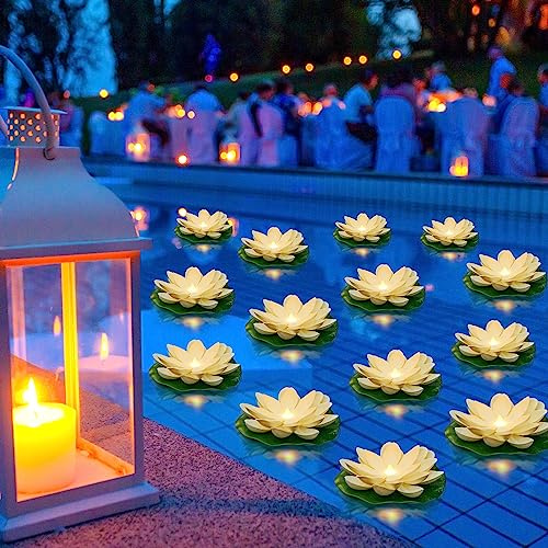 Liliful 36 Pcs Floating Lights Lotus Floating Lanterns Artificial Lily Pads with LED Lights Battery Operated for Pool Party Garden & Pond Summer Decoration(5.91 Inch,White)