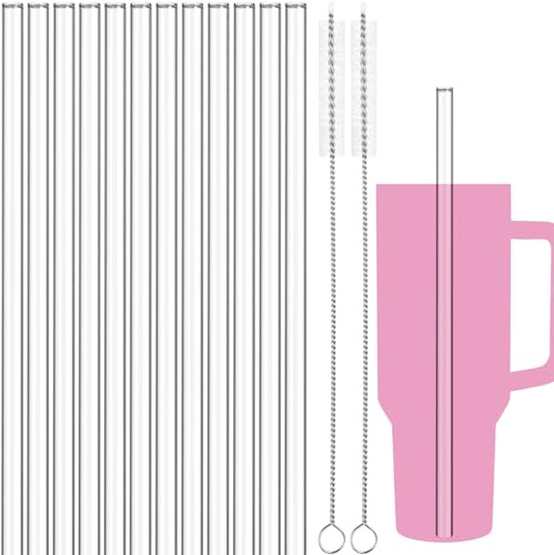 NiHome 12 Stück Wiederverwendbare Klare Glasstrohhalme, Passend für Stanley H2.0 1,2L Becher mit 2 Reinigungsbürsten,30 cm Lang, 10 mm Durchmesser, Spülmaschinenfest, Verhindert Verschütten.
