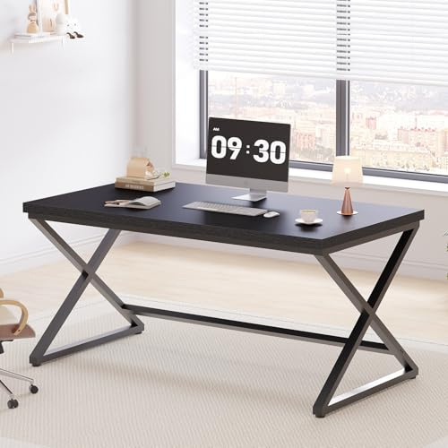 IBF Black Desk, Modern Computer Desk for Home Office, Industrial Simple Pc Gaming Writing Study Desk in Bedroom, Wood Metal Laptop Workstation Executive Work Computer Table, Black Oak, 140 CM