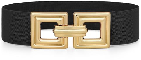 WHIPPY Damen Breiter Elastischer Taillengürtel Stretchy Gürtel für Kleid dehnbarer Hüftgürtel Mode Quadratischer Gold Schnalle