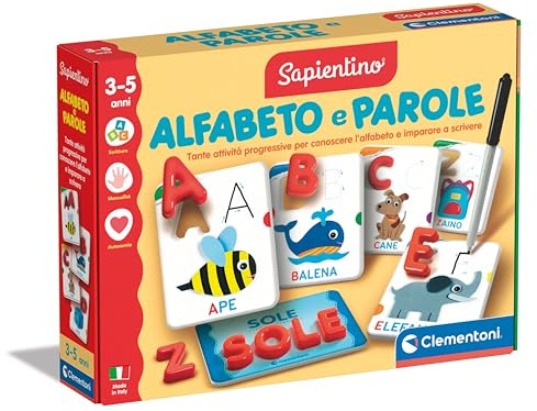 Clementoni Sapientino - Alfabeto e Parole, Gioco Educativo Bambini 3-5 Anni per Imparare Lettere e Parole Scrivendo con Il Metodo Ricalco di Tessere in Cartone, Made in Italy, Lingua Italiana, 16873