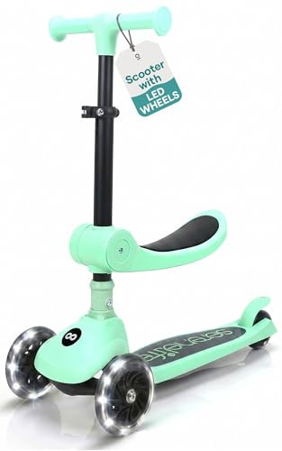 SereneLife 3 Wheel Scooter for Toddlers & Kids, Foldable Seat, LED Wheels, Adjustable Handlebar, Anti-Slip Deck, Rear Foot Brake, Lean-to-Steer, Kid Scooter Ages 18M–7Y, Supports up to 110 lbs