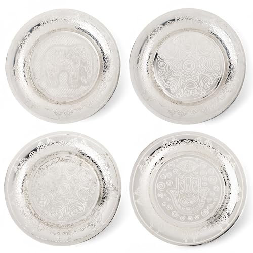 MIJOMA Lot de 4 assiettes à bijoux en acier inoxydable, Ø 10 cm, argenté, motifs orientaux et indiens, mini assiettes, sous-verres pour bijoux, encens, décoration, accessoires de méditation