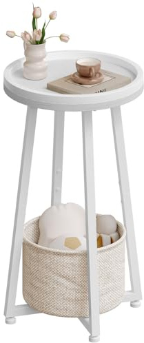 HOOBRO Beistelltisch rund, Kleiner Nachttisch, Sofatisch modern, Couchtisch mit erhöhtem Rand und beigem Stoffkorb, für kleine Räume, Wohnzimmer, Wohnheim, Weiß EWW183BZ01