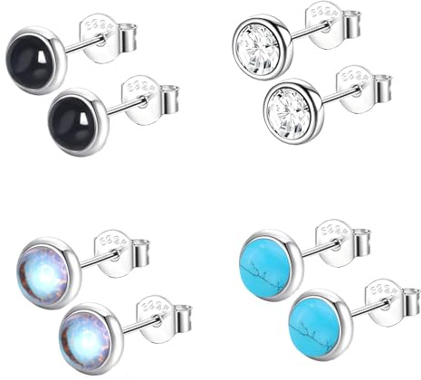 Epoch World 4 Paires Boucles D'oreilles en Argent 925 Avec Pierre de Lune Turquoise Noires Gemme Petites Boucles D'oreilles Argent Clous d'oreilles Rondes Hypoallergéniques Pour Femme Fille (Argent)