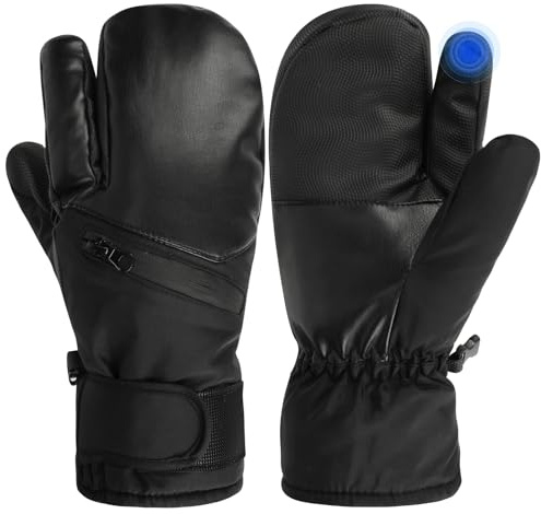 QKURT Ski Gloves, Snow Waterproof Windproof Mittens Winter Snowboard Mittens for Hiking Cycling Outdoor Activitives Men Women Touchscreen Leather Gloves with Zipper for Storing Small Items