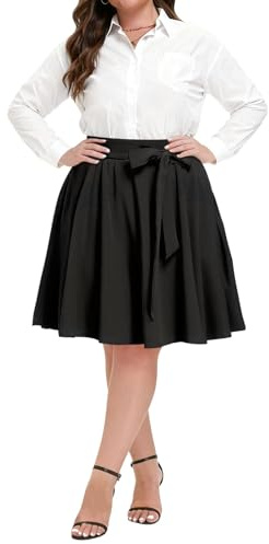 Women's Plus Size Midi Skater Skirt High Waist A-Line Stretchy Flared Casual Skirt with Pockets Black