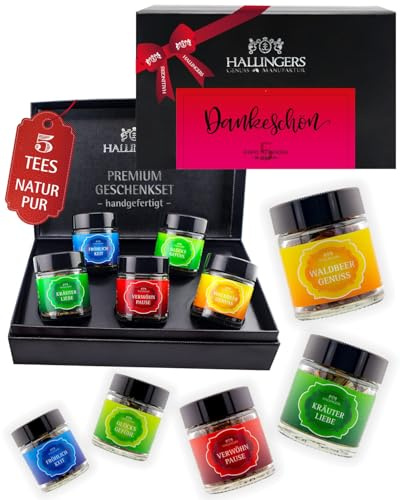 Hallingers Genuss Manufaktur Tee Dankeschön-Geschenk-Set - 5 Sorten premium loser Tee Probierset in edler Geschenkbox mit Rezept-Booklet Dankeschön, Geschenkidee für Frauen Männer