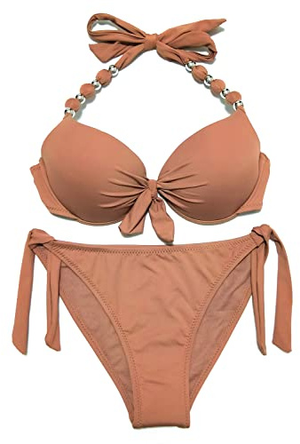 EONAR Damen Seitlich Gebunden Bikini-Sets Abnehmbar Bademode Push-up-Bikinioberteil mit Nackenträger, Khaki, (Größe:38)70C/75C/80B