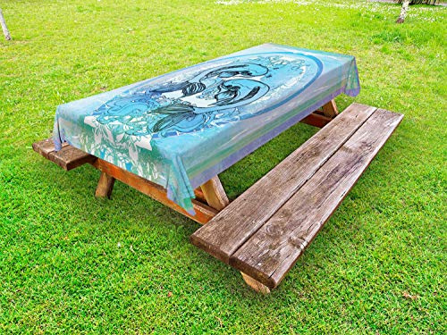 ABAKUHAUS Japonais Nappe Extérieure, Japonais Koi sur Blue Sea, Nappe de Table de Pique-Nique Lavable et Décorative, 145 cm x 210 cm, Bleu Lilas