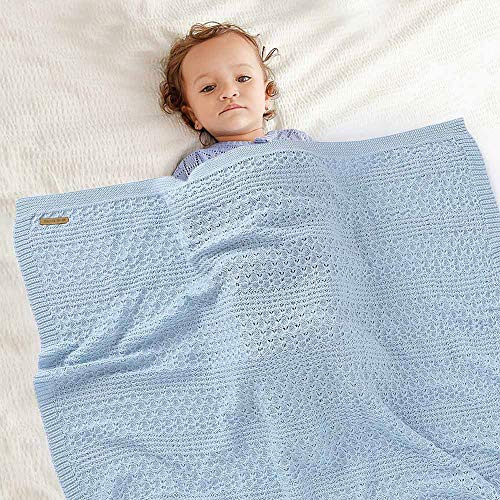 Strickdecke Babydecke Kuscheldecke Baumwolle, Surwin Mädchen und Jungen Babys Einfarbig Gestrickt Kinderdecke Freien Krabbeldecke Perfekt für Kinderwagen Babybett (Himmelblau,100x80cm)