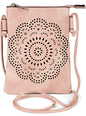 styleBREAKER Damen Mini Umhängetasche Cutout Blumen | 14,5x19 cm Crossbody-Bag aus Kunstleder, glitzernde Strasssteine, ein Hauptfach mit Reißverschluss, offenes Rückfach.