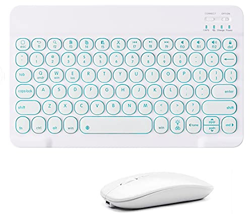 QYiD Teclado y ratón inalámbricos, 7 colores retroiluminados Bluetooth teclado y ratón compatible con Apple iPad, iPhone, Samsung, tablet, smartphone, iOS, Android, Windows, 10 pulgadas, blanco