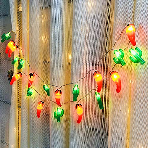 Red Hot Pepper Chilli Decor Lights Cactus Fairy Lights LED Fruit Garland Lamp Battery Powered for Kitchen Bar Patio Fence Deck Balcony Camping Holiday Party Decoration (Cactus and Chili, 10m/80LED)