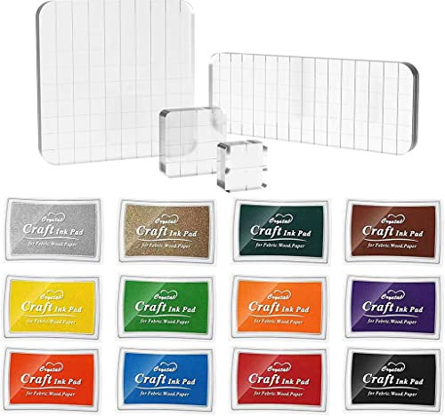 Stempelkissen und Stempelblock Set 12 Farben Stempelfarbe und 4 Stück Acryllblock mit Gitterlinien für Silikonstempel Clear Stamp DIY Bullet Journal Scrapbooking Fotoalbum Stempelkissen Fingerabdrücke