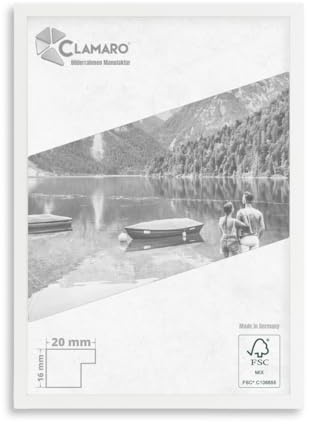 CLAMARO COLLAGE 20 Marco para fotos 21x27 hecho a medida | Blanco Mate | Moderno marco de madera MDF de 20 mm de ancho y diseño slim, incluye cristal acrílico, pared trasera y colgador