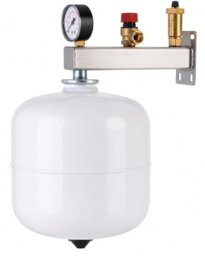 Aqbau Membran-Ausdehnungsgefäß Trinkwasser 12 L mit Sicherheitsgruppe | Für geschlossene Warmwasser- und Sanitärsysteme | 6-bar-Ventil | Edelstahlkonsole 25 cm | 3/4 Zoll AG