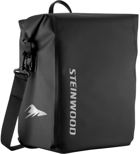 Steinwood Premium Fahrradtasche für Gepäckträger 20 L, wasserdichte Rolltop Umhängetasche, Zubehör Tasche für Damen- und Herren-Fahrrad & E Bike, schwarz