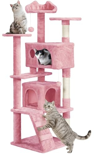 Yaheetech Katträd, stort klätterträd, 158 cm högt klösträd, stabilt klösträd med 3 plattformar, 3 klöspelare, 2 grottor, plyschbollar, kattmöbler, rosa
