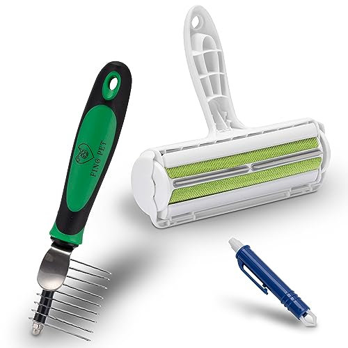 FinoPet 3er Entfilzungs-Set Entfilzungskamm als Hundekamm/Katzenkamm, XL Fusselrolle und Zeckenzange, Entfilzungsharken/Kamm für alle Tiergrößen, Tierhaarentferner, Automatische Zeckenentfernung