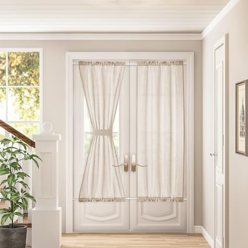 DUKIYO 2 Pieces Linen French Door Curtains W25 X L72 for Kitchen Bathroom Bedroom Glass Door/Door Window Elegant Translucent Open Weave Drapes Light Reducing Flax Texture Drapes Door Decor