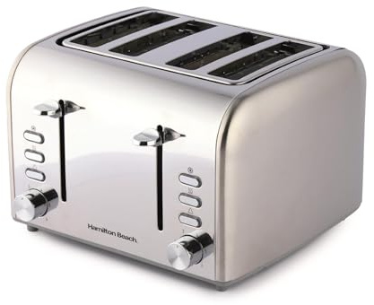Hamilton Beach Toaster 4 Slice, Rise, 1600W, Brushed & Polished, Stainless Steel, 6 Variable Browning Levels, Removable Crumb Tray, Defrost, Cancel & Reheat Settings, Silver - HB5729