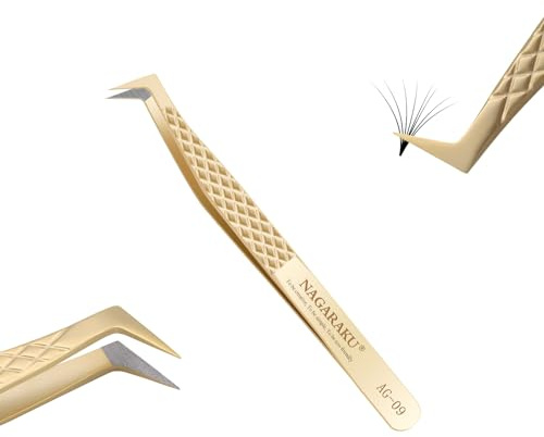 NAGARAKU Fiberspets Volym Ögonfransympning Professionell Precision Wimpertång Halkfritt Ögonfranspincett Böjd Spets Rostfritt Stål Franspincett För Att Skapa Mega Ögonfransblommor (L Typ AG-09)