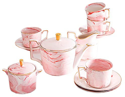 PJKUIFYX 15-teiliges Porzellan-Teeservice, Teeservice, Kaffeetassen und Untertassen, 6er-Set, Hochzeits-Teeservice mit Zuckerdose, Milchkännchen, Sahnekännchen, Löffeln, Rosa