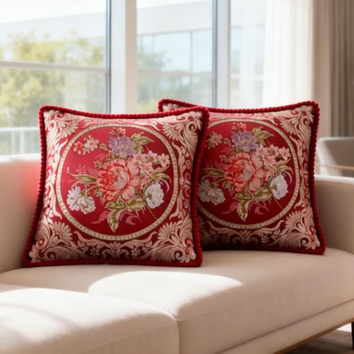 Qupace Set of 2 Vintage Embroidered Throw Pillow Covers 18x18in,Retro Flowers Red Pillowcases for Sofa Couch Embroidery Cushion Cover for Living Room