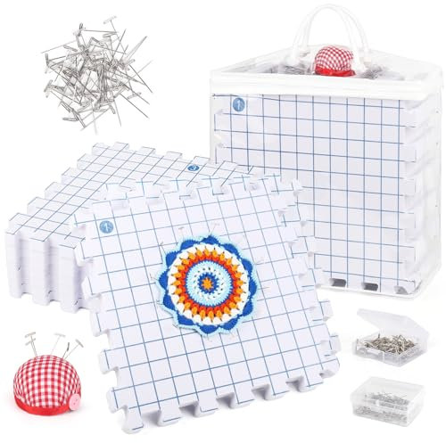 9 Stück Spannmatten mit 200 T-Nadeln, Extra Dicken Blocking Mats mit Nadelkissen, Aeelike Matten Zum Spannen mit Raster, Spannmatte-Set für Granny Square Spannen und Stricken Häkeln Handarbeiten Lace