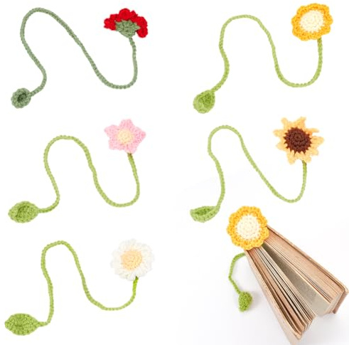 craspire 5 Stile Baumwoll-Lesezeichen Blumen-Lesezeichen Gehäkelte Blumen-Lesezeichen Handgefertigte Gestrickte Geschenke Vorhang-Raffhalter Auto-Ornamente Für Leser Buchliebhaber Schriftsteller