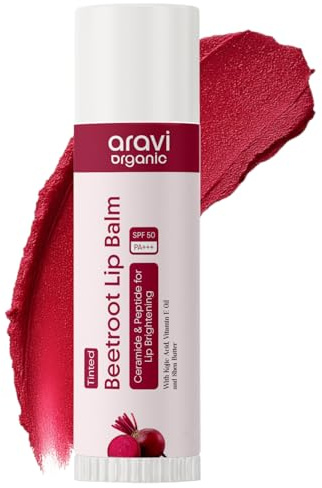 Aravi Organic Beetroot Tinted Lip Balm SPF 50 PA+++ | Brightening Lip Balm for Dark Lips | Hydrates Dry & Chapped Lips | Kojic Acid, Ceramide, Peptide & Vitamin E | Men & Women | 5g