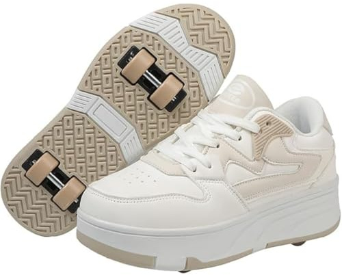 PEIHUODAN Chaussure Roulette Enfant Garçons Filles avec 4 roulettes Chaussures A roulettes Retractable Basket Roller Réglables Adolescents pour Intérieur Extérieur (35,Beige)