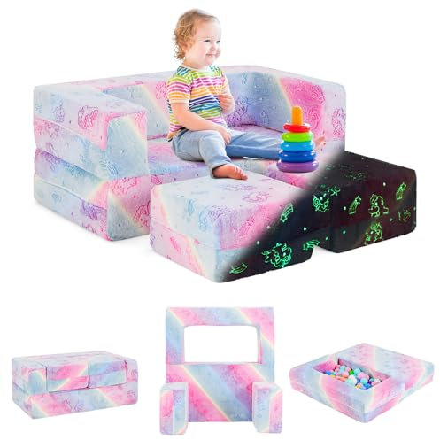 COSTWAY Modulares Kindersofa, im Dunkeln leuchtendes Spielsofa, Modulsofa mit abnehmbarem und maschinenwaschbarem Flanellbezug, Kleinkind-Couch für Spielzimmer und Kinderzimmer (Regenbogen-Einhorn)