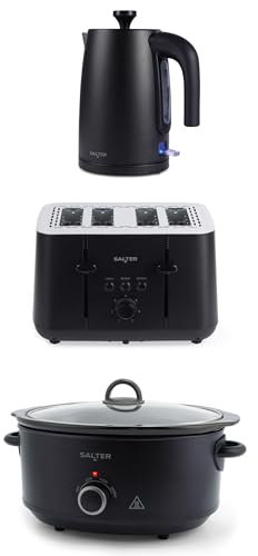 Salter Kuro Kettle, Toaster & Slow Cooker – 6.5 Litre Electric Cooking Pot with 3 Heat Settings, 1.7L Rapid Boil Kettle with Swivel Base, 4-Slice Toaster with 7 Browning Levels, Black