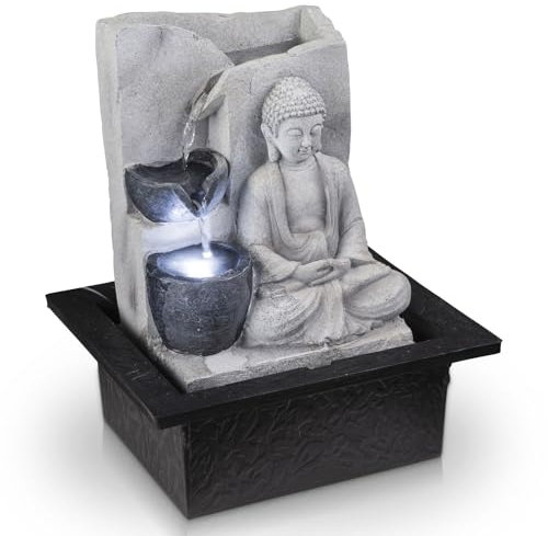 bmf-versand® Tischbrunnen Buddha Grau mit Beleuchtung - Dekolampe mit LED Leuchtfunktion und Pumpe - Zimmerbrunnen mit 4 Stufen - beruhigendes Wasserspiel für Wohnzimmer und Büro