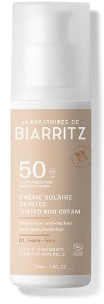 Laboratoires de Biarritz Crème Solaire Teintée SPF50 Ivoire Certifiée Bio | Visage, Unifie le Teint et Prévient l'Apparition de Taches, Certifiée Bio, 50 ml, Fabriquée en France