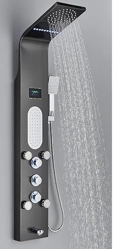 Set di Doccia per Doccia per la Doccia per Bagno Nichel Nero Pannello Doccia a LED Sei funzioni Colonna Doccia a Cascata piovana Doccia getti Spa getti Doccia con battiti da Bagno Bidet tocchi Neri