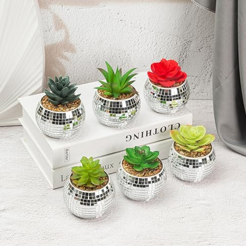 Discokugel-Pflanzgefäß-Set mit 6 Glas-Blumentöpfen mit silberfarbenem Spiegel-Finish, Dekor für Zimmerpflanzen, Sukkulenten und Kakteen, 10,2 x 12,7 x 12,7 cm