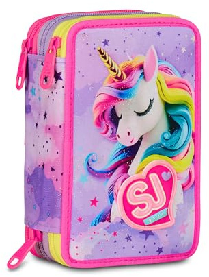 SJ GANG STYLE JAM GANG Astuccio Scuola 3 Zip Fable Journey, Rosa, Portapenne Triplo Scomparto Completo Di Penne, Matite, Colori, Accessori Zaino, Scuola Elementare, Bambina