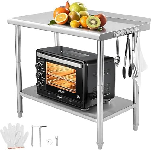 Salutmeuble 36 x 24 Zoll NSF Edelstahl Zubereitungstisch mit Haken, Tragfähigkeit 662 lbs, verstellbares Regal mit 3 Ebenen für kommerzielle Küche und Werkstatt
