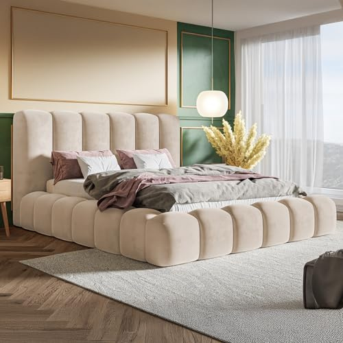 MOTIVENA Crudo Bubble Bett 160x200 Beige Samt, mit Stauraum, mit Kopfteil, mit Lattenrost, ohne Füße, ohne Matratze, Bubble Polsterbett 160x200 mit Bettkasten Beige (Creme)