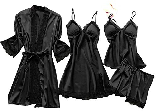 Cocila Pigiama Donna Estivo Sexy Donna in Pizzo, Lingerie, Camicia da Notte Pigiami Corta Scollo a V e 4 Pezzi Pigiama Estivo Set da Sexy Sciolto Sottoveste Nero XXL