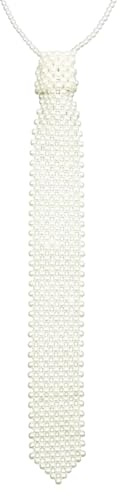 erioctry White Artificial Pearl Neck Tie Women's Beaded Tie Necklace with Handmade Weaving Ladies Elegant Shirt Accessory