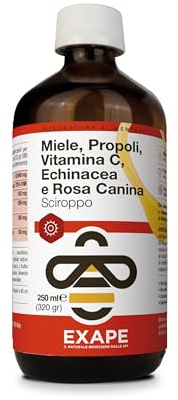 EXAPE - Vitamina C - Difese Immunitarie - Supporto per Adulti e Bambini - Sciroppo Vitamina C con Propoli, 82% Miele, Echinacea, Rosa Canina e Olio Essenziale di Arancio - Integratore naturale 250ml