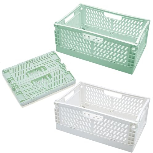 Klappbox Aufbewahrungskorb, 2er-Set Platzsparend für Engen Räume Stapelbar Stabil für Küche Bad Büro 30×20×12cm Matchagrün Perlweiß