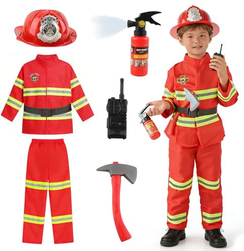 QIANAI Feuerwehr Kostüm Set, 7 Pcs Kostüm Feuerwehr Kinder, mit Helm & Zubehörfeuerwehrkostüm Kinder 3-8 Jahre, Feuerwehrwagen Outfit for Children Boys Girls Party Cosplay