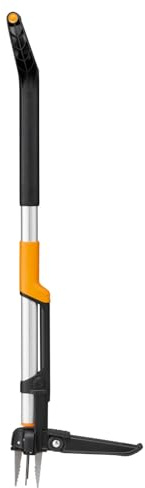 Fiskars X-Series Estirpatore per Erbacce, Utensile Telescopico con 4 Griffe in Acciaio Inox, Impugnatura a D, Fino a 120 cm, Sistema di Espulsione, Pedana Pieghevole, Nero/Arancione, 1082709