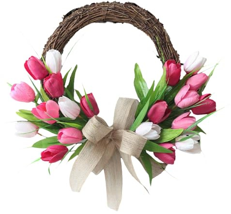 Artificial Tulip Flower Wreaths 40cm, Half-Circle Spring & Summer Door Wreath with Silk Tulips, Green Leaves & Burlap Bow,Handmade Rattan Floral Wreath for Front Door, Easter Home Decor (Pink)